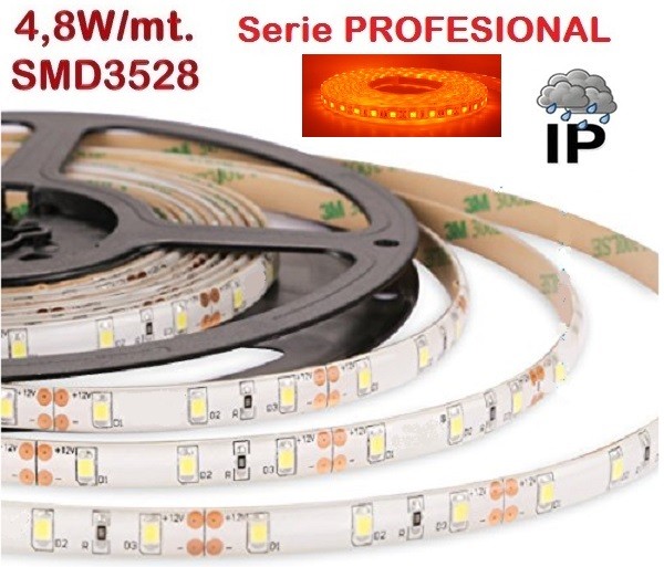 Tira LED 5 mts Flexible 24W 300 Led SMD 3528 IP65 Ambar, serie Profesional
